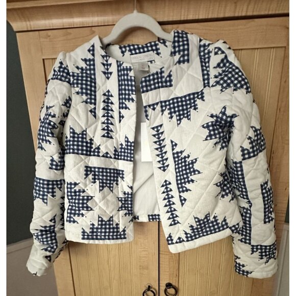 CAROLINE CONSTAS White/Blue Gingham Quilted Linen Blend Jacket Sz Small NWT $395 - Picture 1 of 8